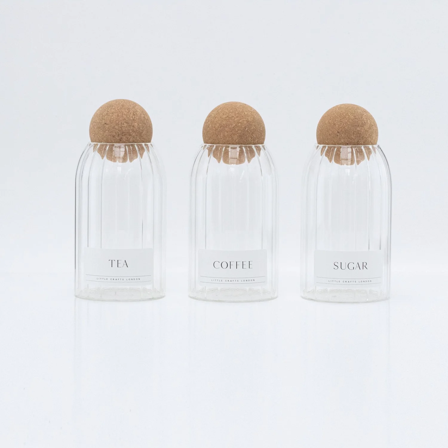 Set of 3 Cork Ball Glass Jars - Tea, Coffee and Sugar 800ml Ribbed - Image 7