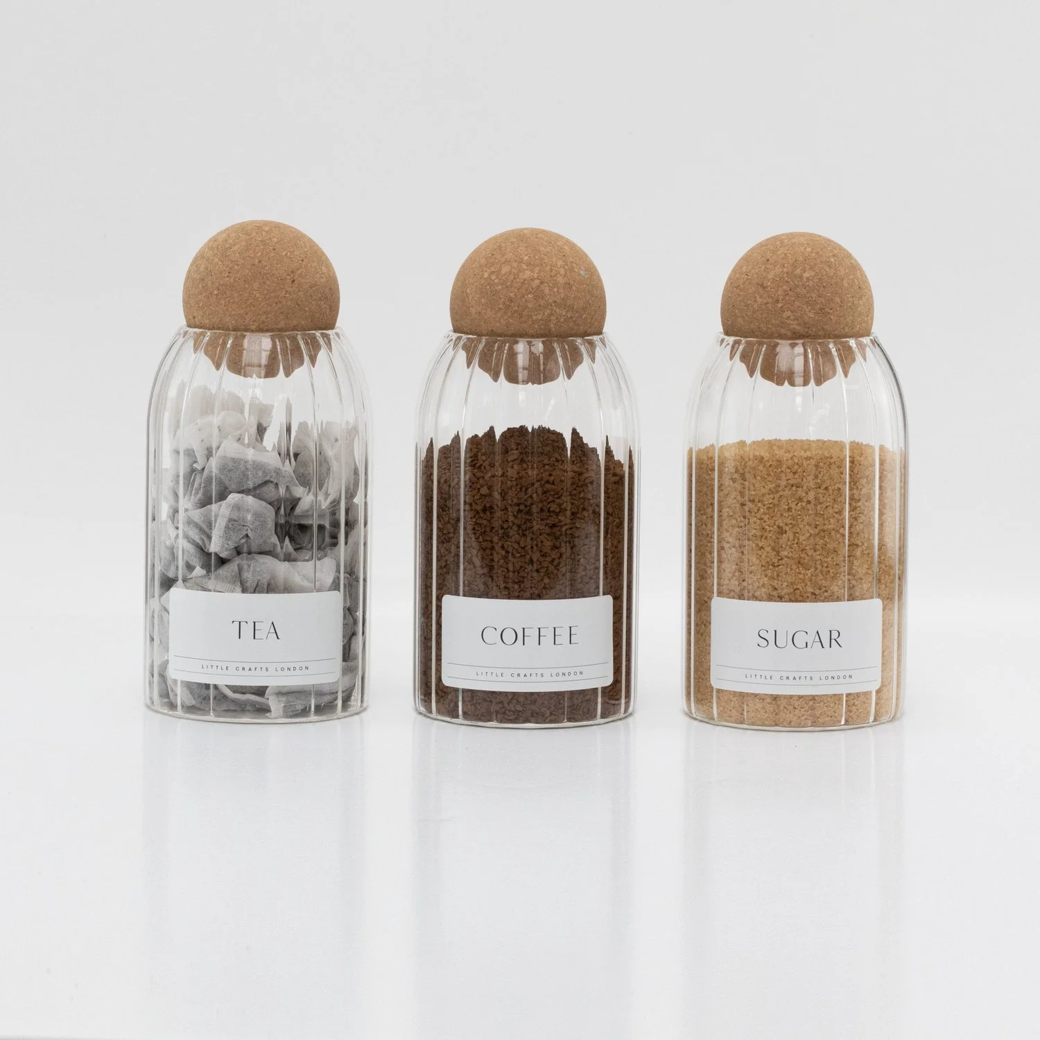 Set of 3 Cork Ball Glass Jars - Tea, Coffee and Sugar 800ml Ribbed - Image 9