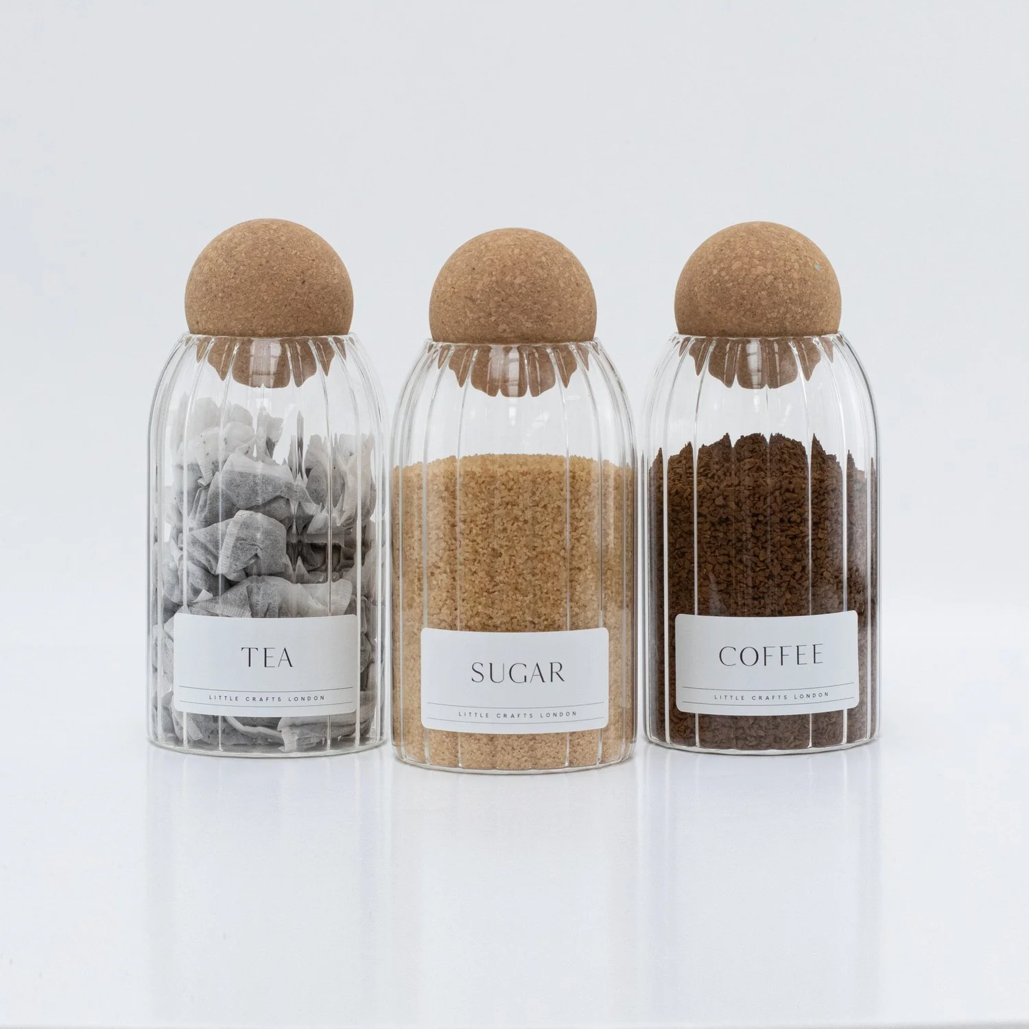 Set of 3 Ribbed Cork Ball Glass Jars - Tea, Coffee and Sugar 800ml with Long Rectangle Tray - Image 10