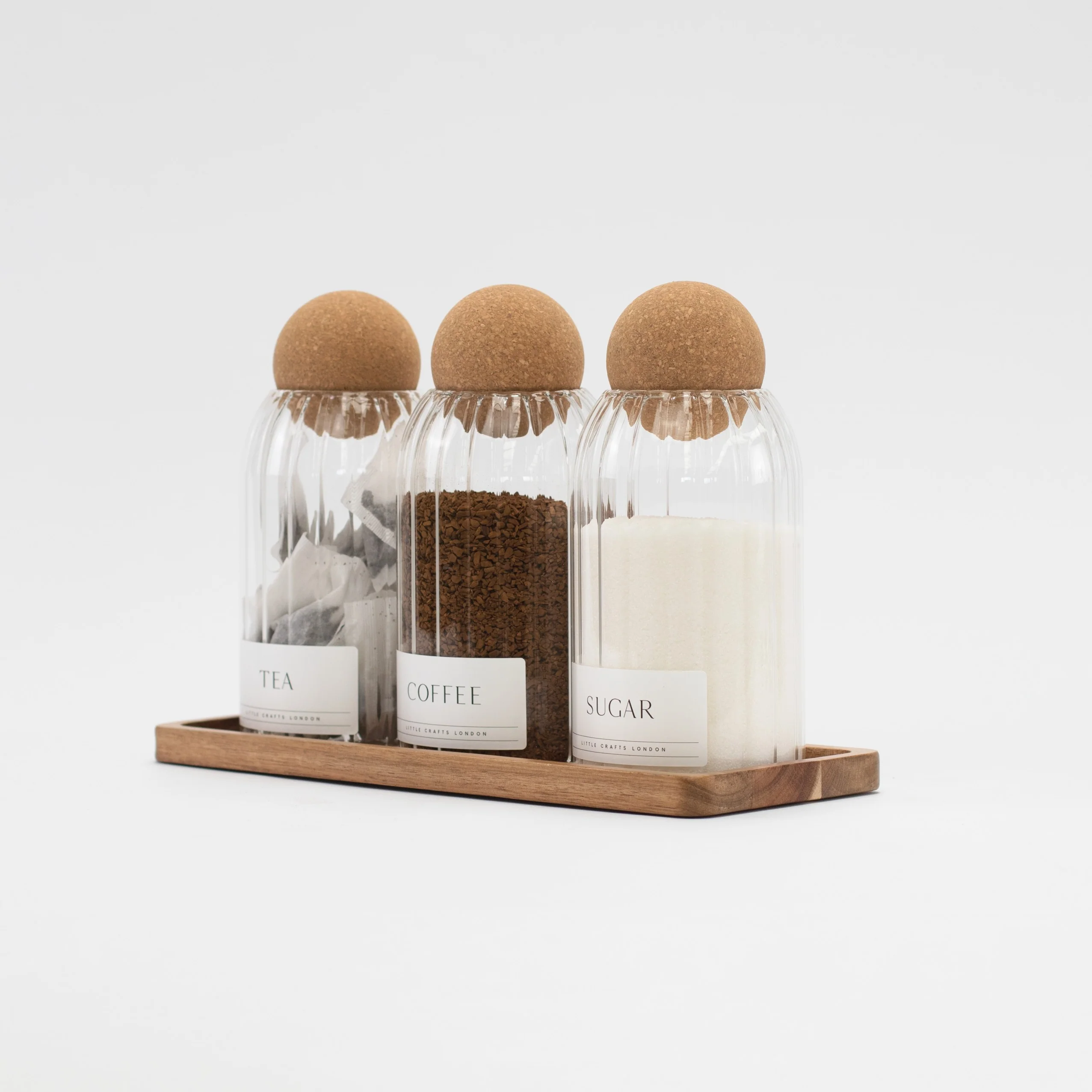 Set of 3 Ribbed Cork Ball Glass Jars - Tea, Coffee and Sugar 800ml with Long Rectangle Tray - Image 3