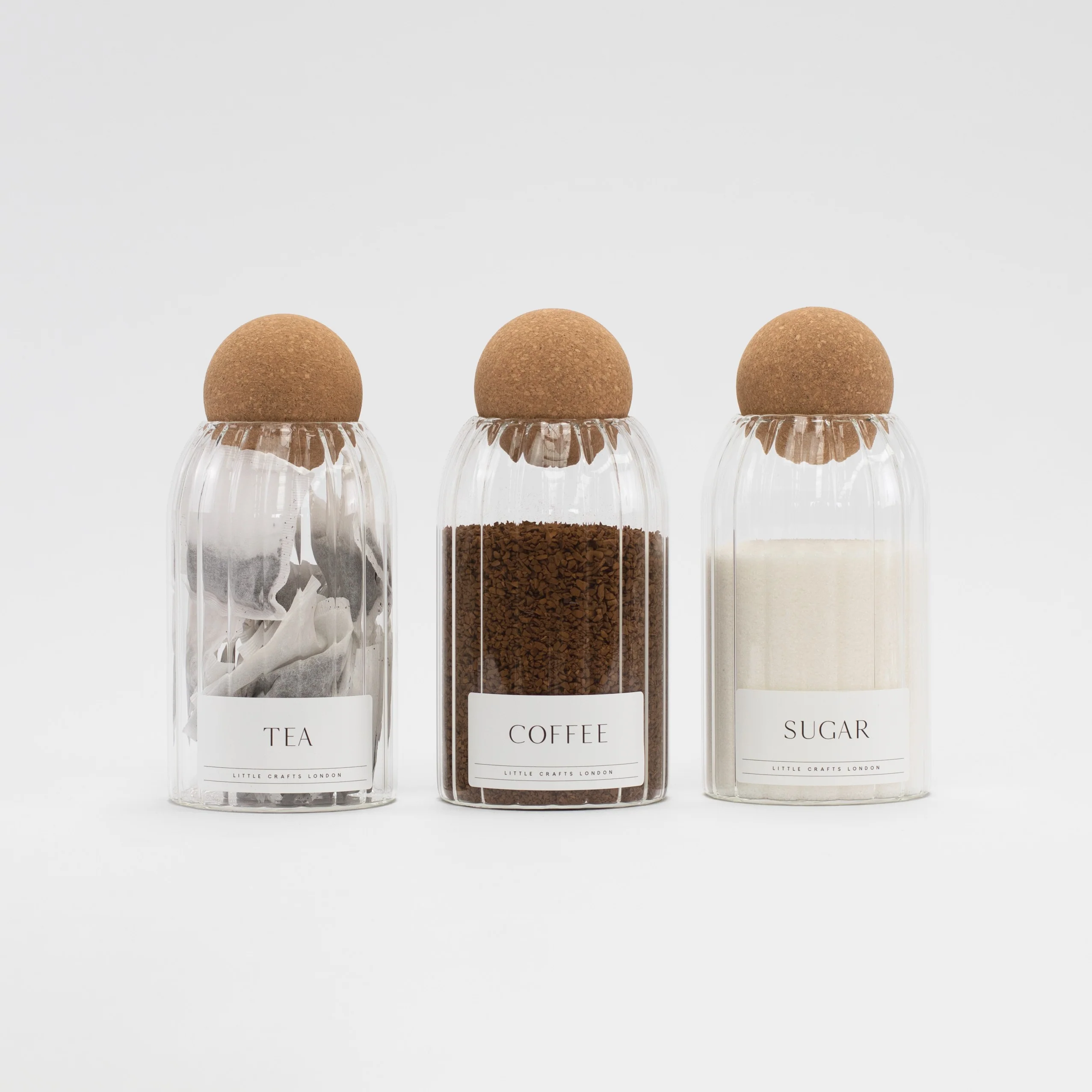 Set of 3 Cork Ball Glass Jars - Tea, Coffee and Sugar 800ml Ribbed - Image 3