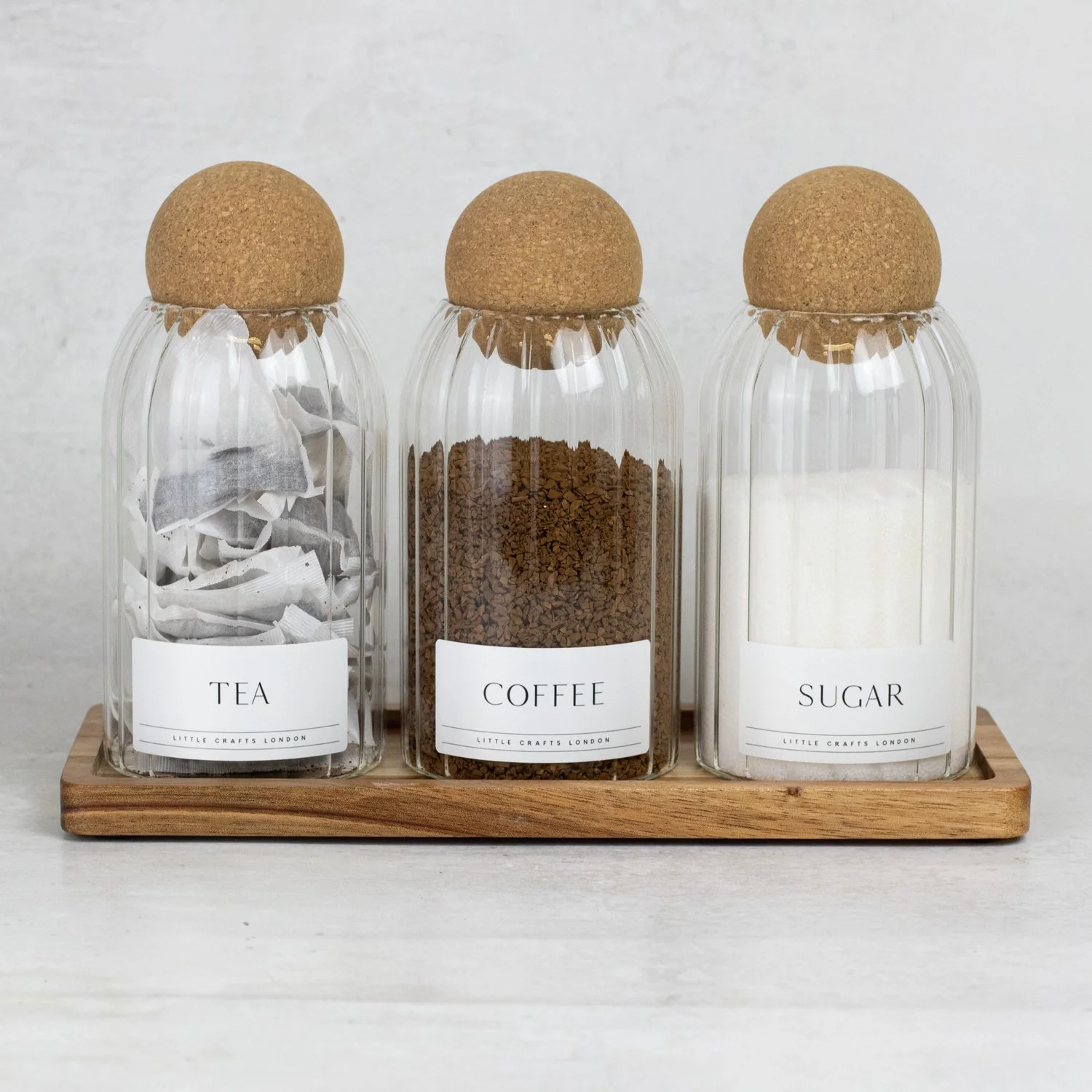 Set of 3 Ribbed Cork Ball Glass Jars - Tea, Coffee and Sugar 800ml with Long Rectangle Tray - Image 6