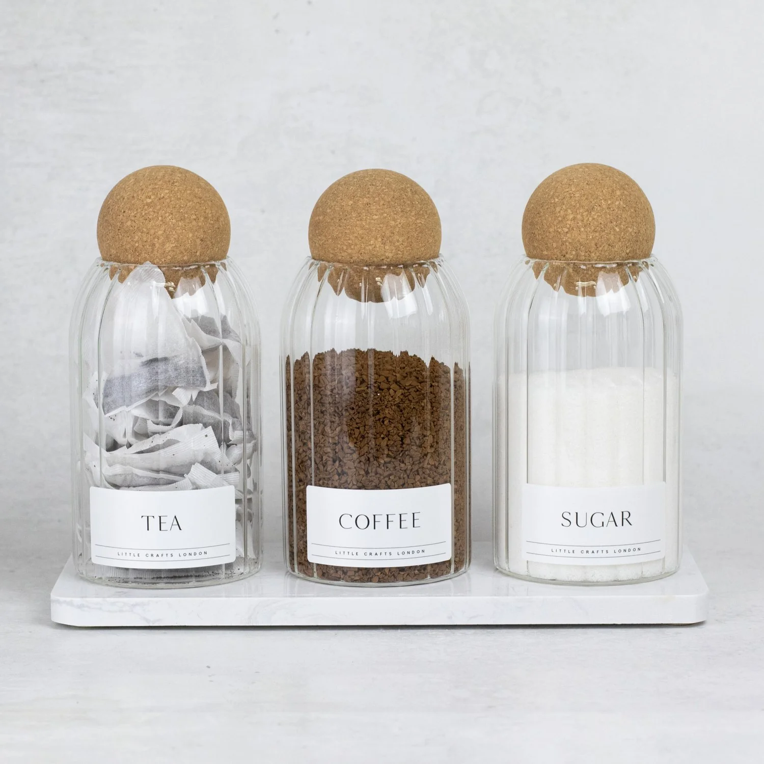 Set of 3 Ribbed Cork Ball Glass Jars - Tea, Coffee and Sugar 800ml with Long Rectangle Tray - Image 7