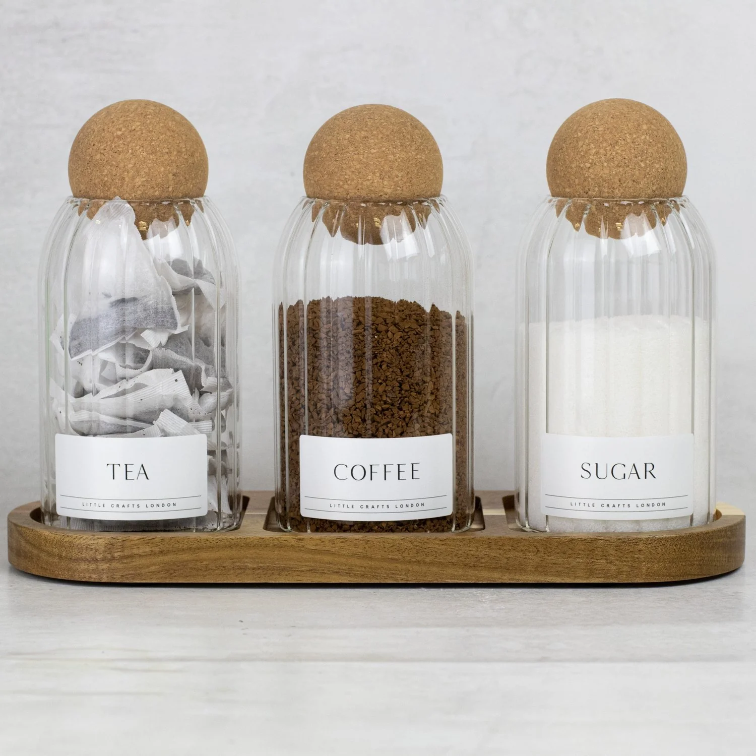 Set of 3 Ribbed Cork Ball Glass Jars - Tea, Coffee and Sugar 800ml with Long Rectangle Tray - Image 8