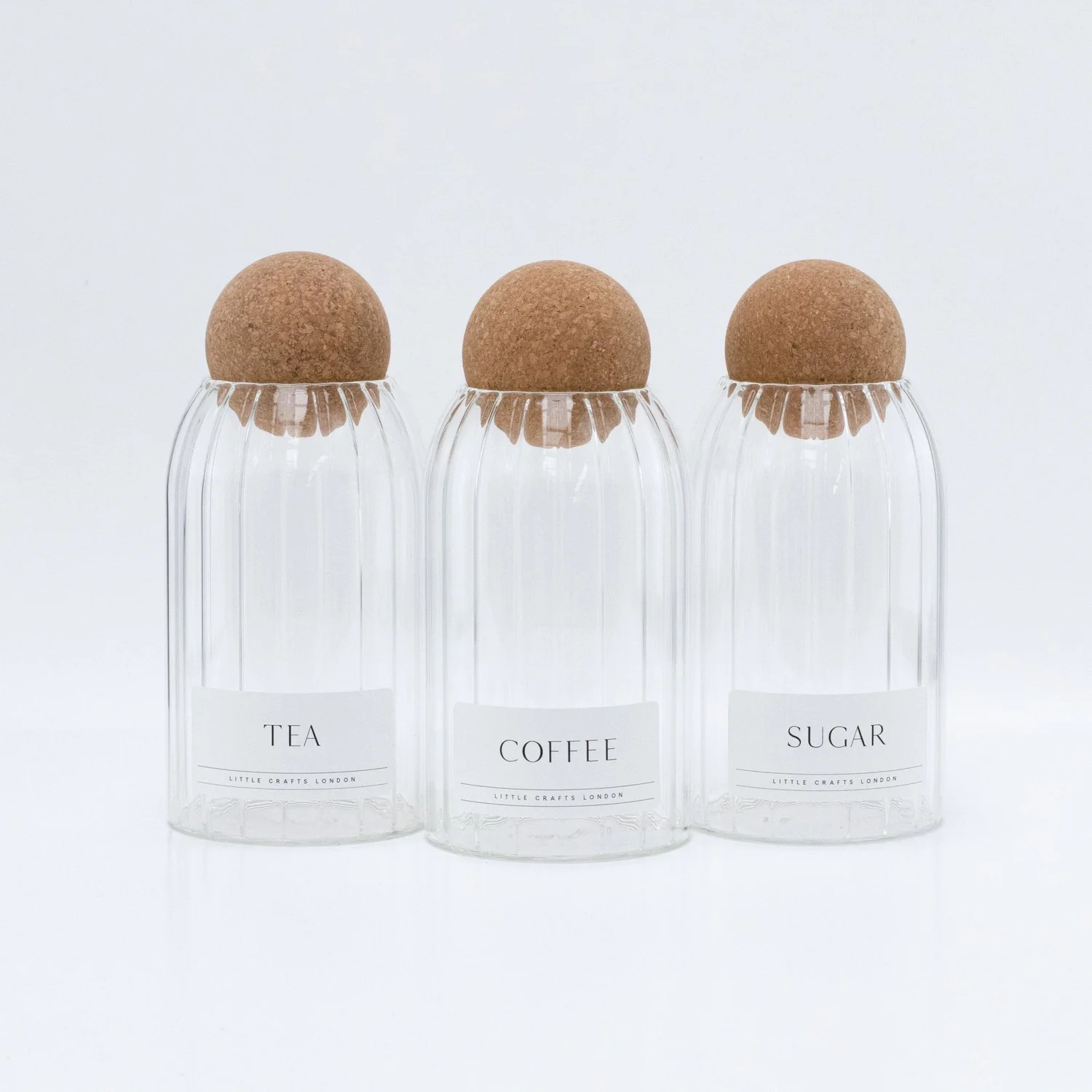 Set of 3 Ribbed Cork Ball Glass Jars - Tea, Coffee and Sugar 800ml with Long Rectangle Tray - Image 9