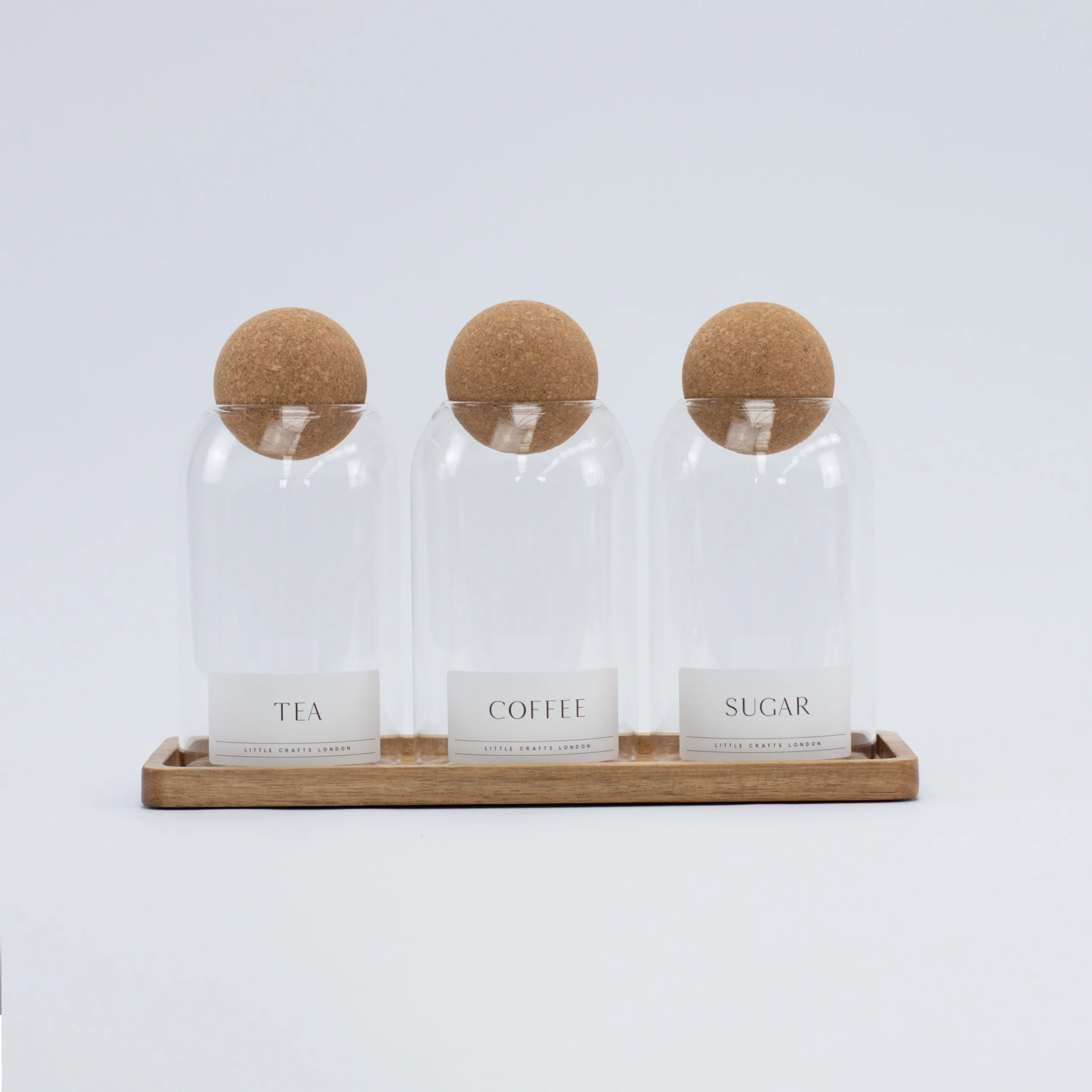 Set of 3 Cork Ball Glass Jars - Tea, Coffee and Sugar 800ml with Long Rectangle Tray - Image 3