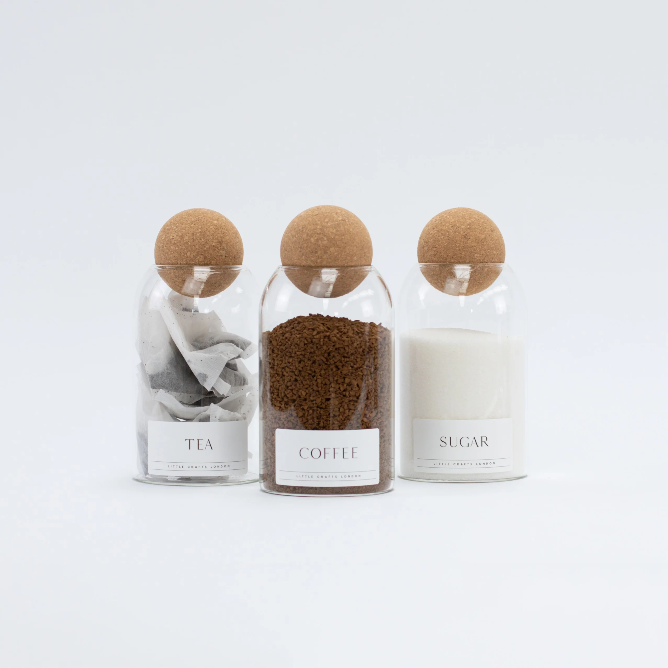 Set of 3 Cork Ball Glass Jars - Tea, Coffee and Sugar 800ml with Long Rectangle Tray - Image 5