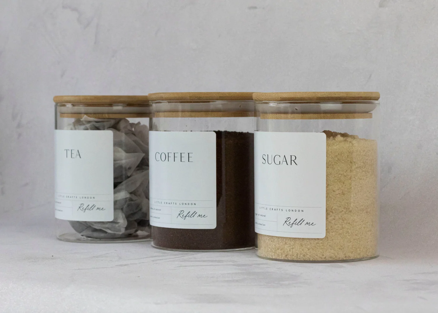 Set of 3 Glass Jars with Bamboo Lid - Tea, Coffee and Sugar 800ml [Large Label] - Image 3