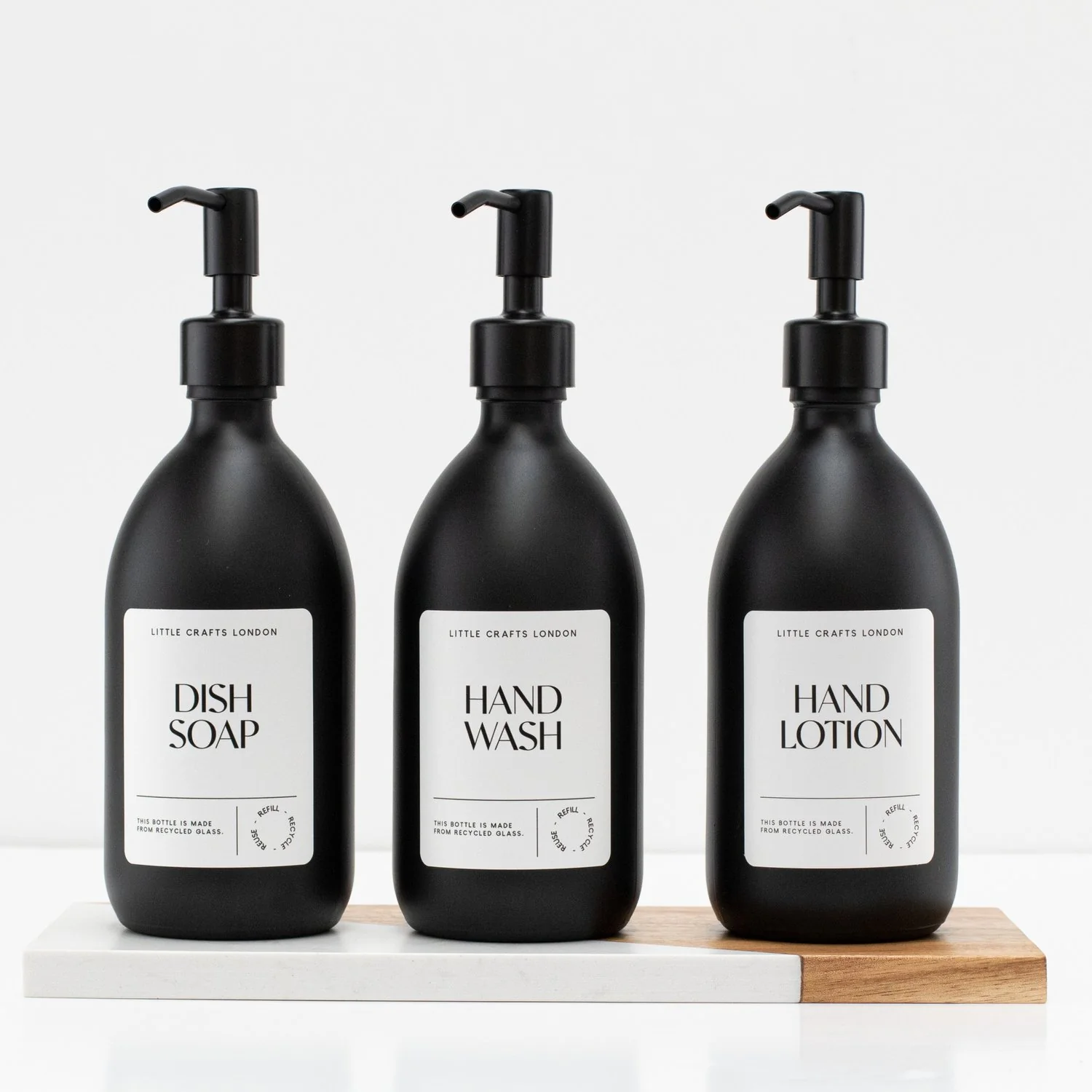Set of 3 Reusable Matt Black Glass Bottles 500 ML with Metal Pump and Long Tray - Image 4