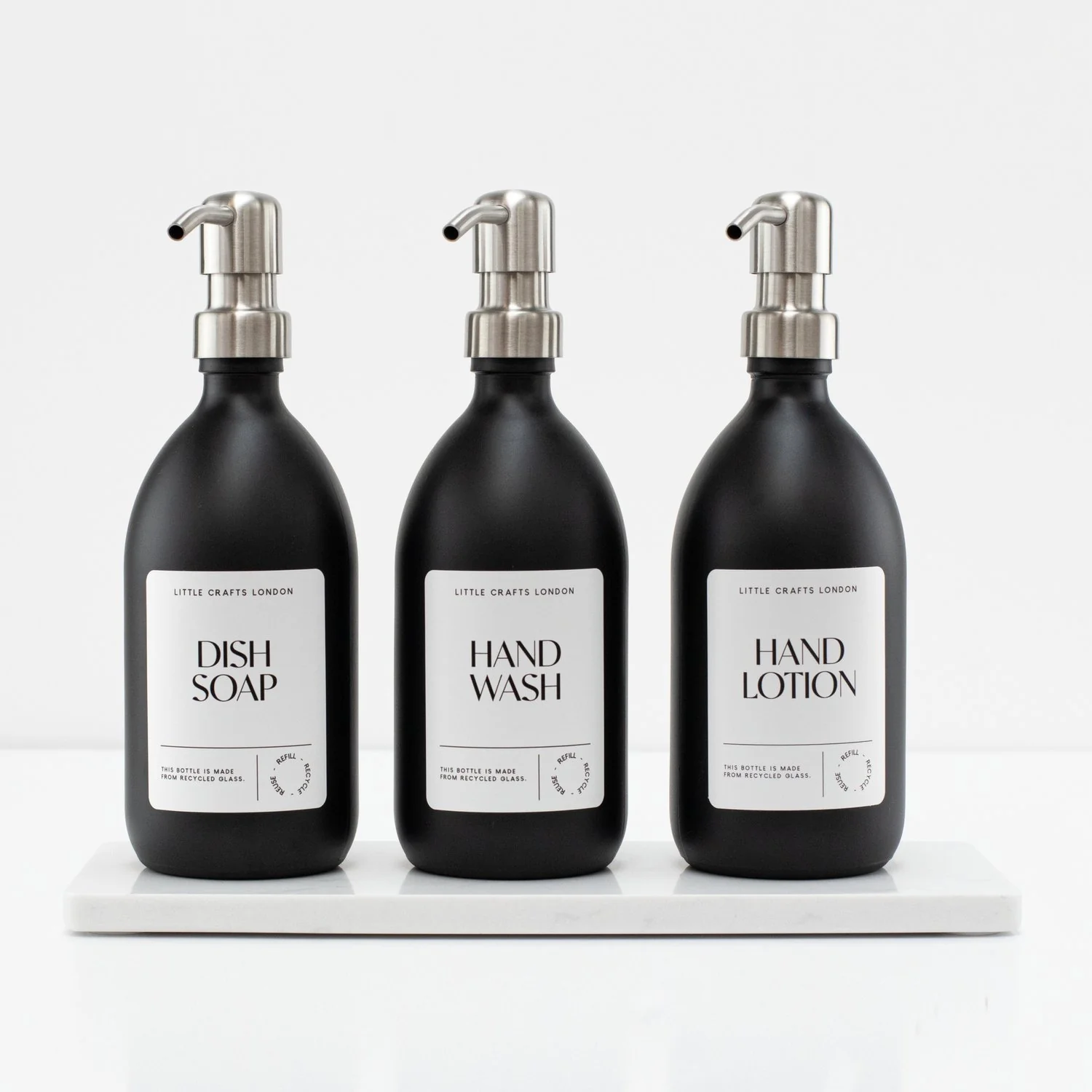 Set of 3 Reusable Matt Black Glass Bottles 500 ML with Metal Pump and Long Tray - Image 5