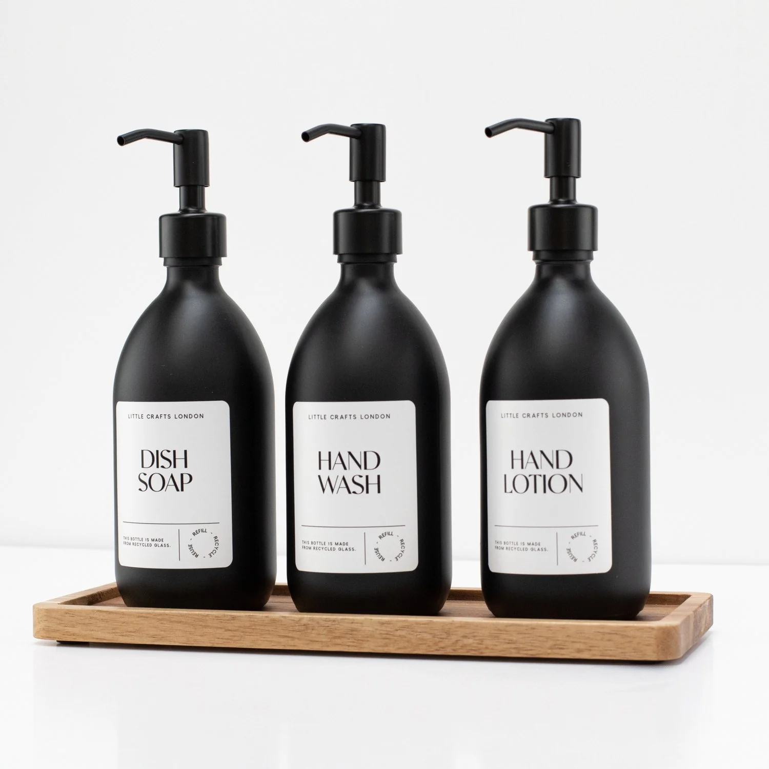 Set of 3 Reusable Matt Black Glass Bottles 500 ML with Metal Pump and Long Tray - Image 6