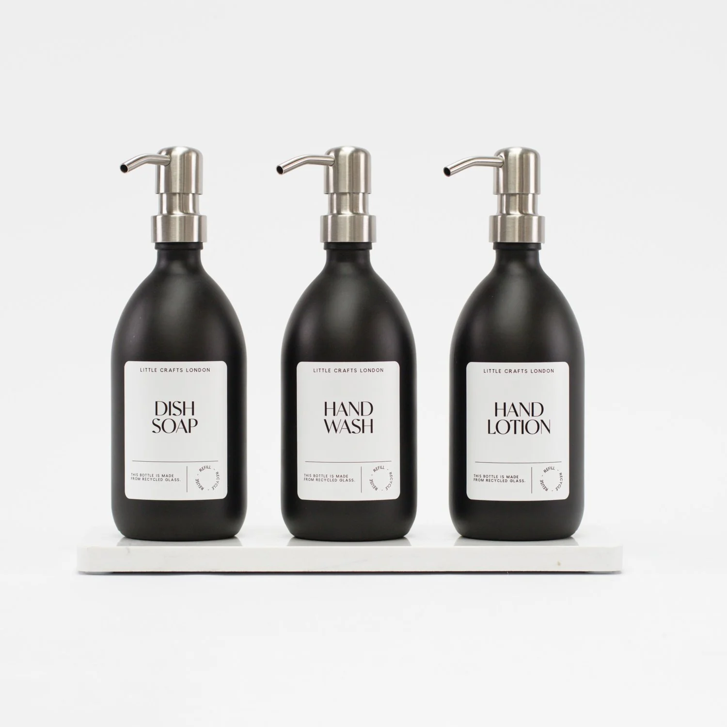 Set of 3 Reusable Matt Black Glass Bottles 500 ML with Metal Pump and Long Tray - Image 7