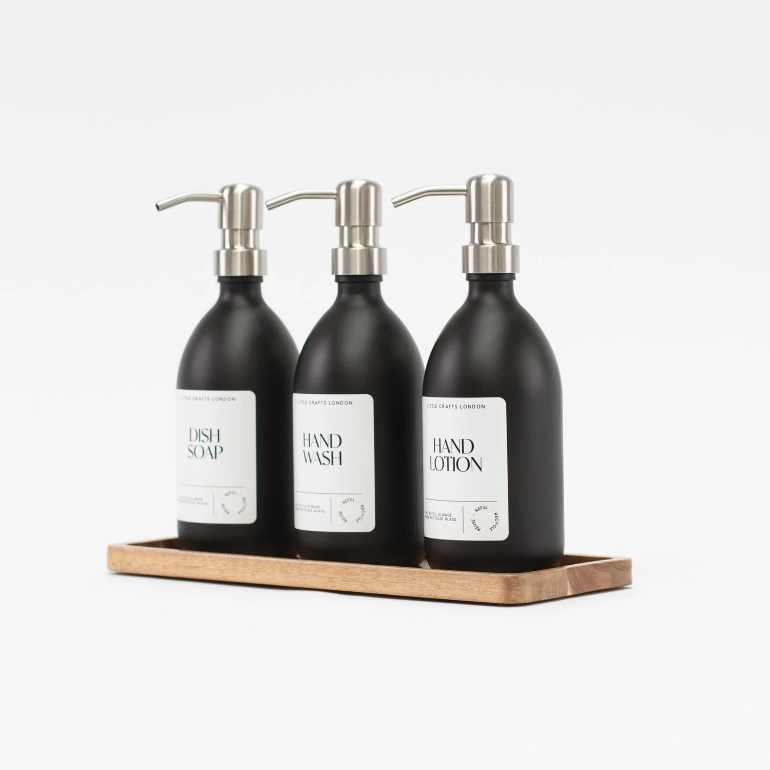 Set of 3 Reusable Matt Black Glass Bottles 500 ML with Metal Pump and Long Tray - Image 8
