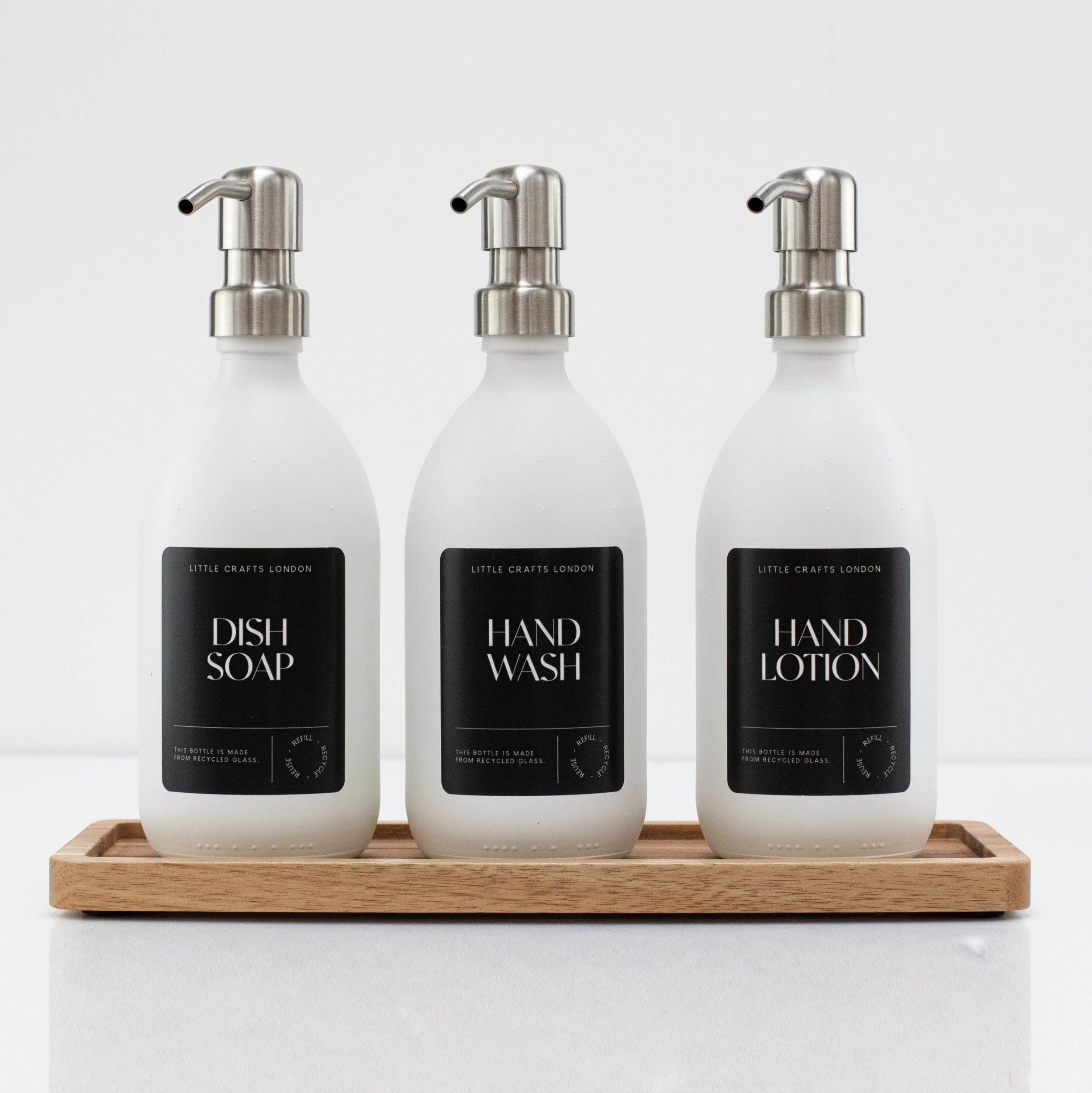 Set of 3 Reusable Milky White Glass Bottles 500 ML with Metal Pump and Long Tray Black Label - Image 4