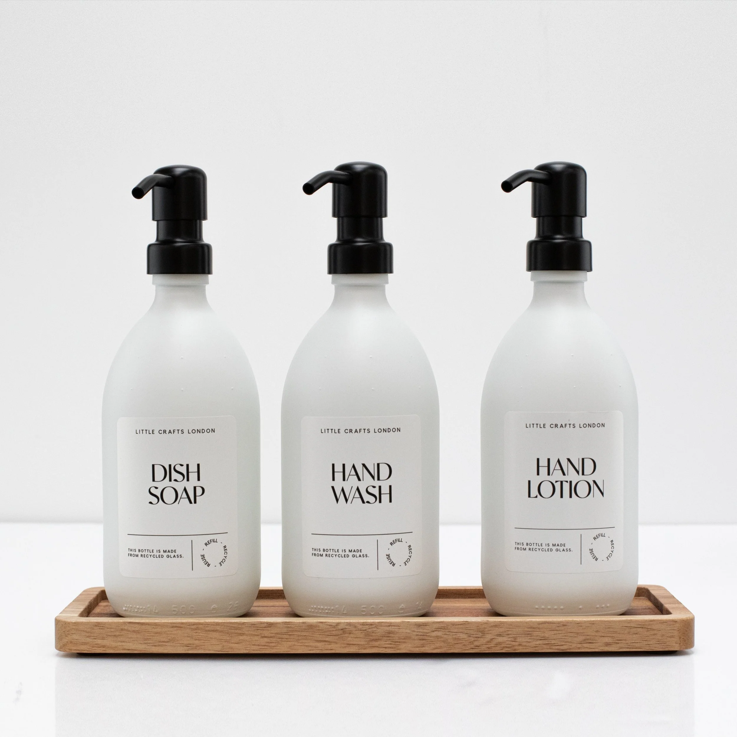 Set of 3 Reusable Milky White Glass Bottles 500 ML with Metal Pump and Long Tray - Image 3
