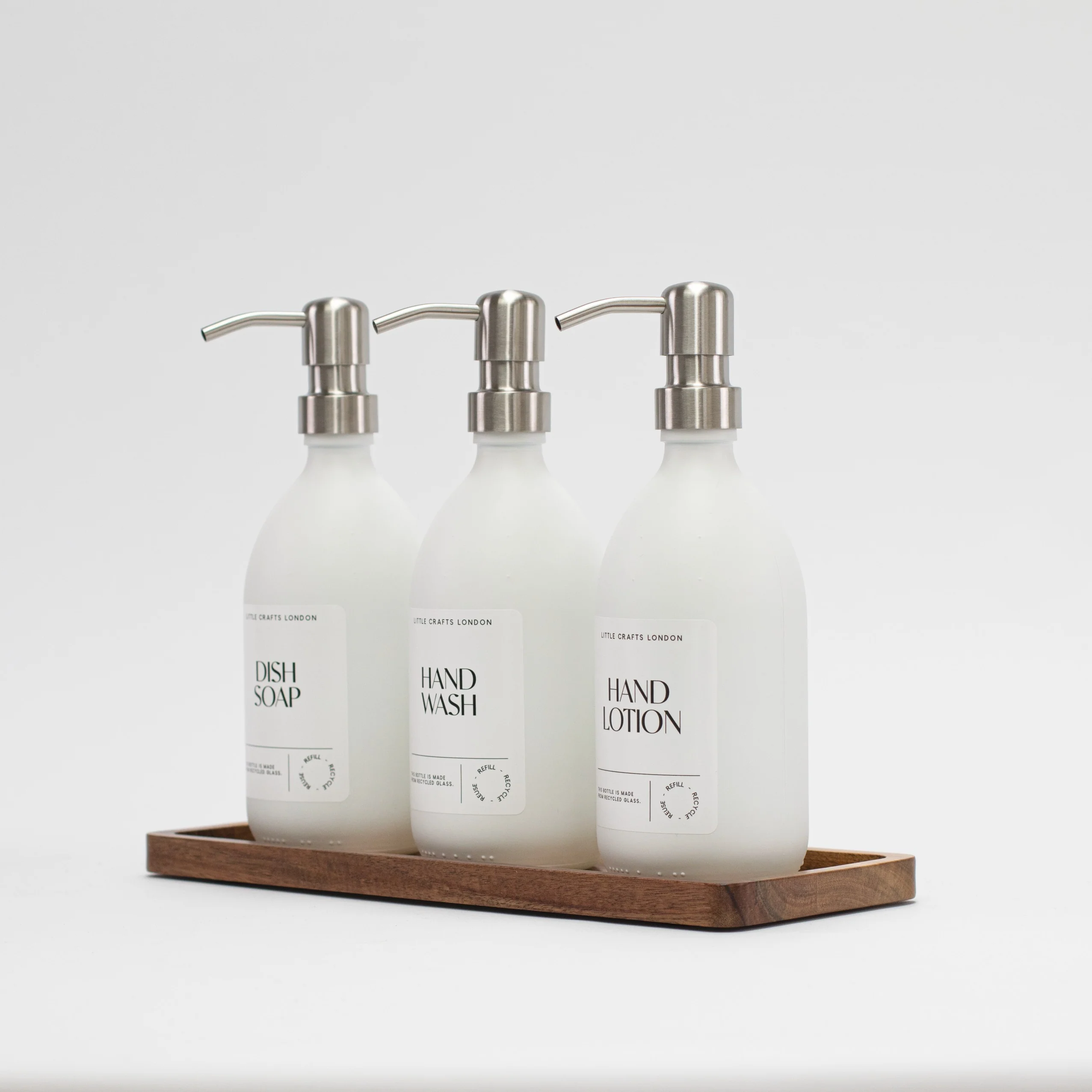 Set of 3 Reusable Milky White Glass Bottles 500 ML with Metal Pump and Long Tray - Image 6