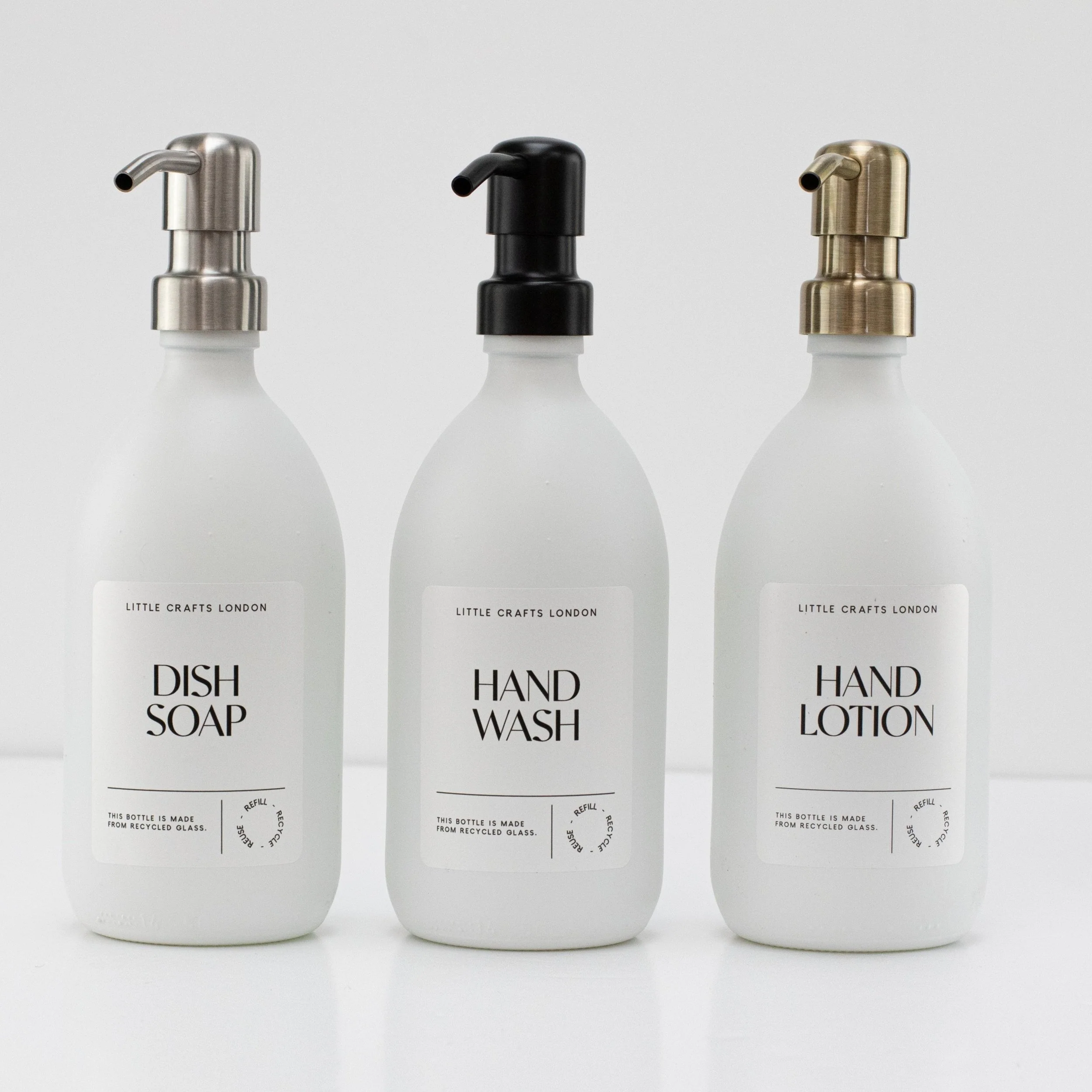 Set of 3 Reusable Milky White Glass Bottles 500 ML with Metal Pump and Long Tray - Image 8