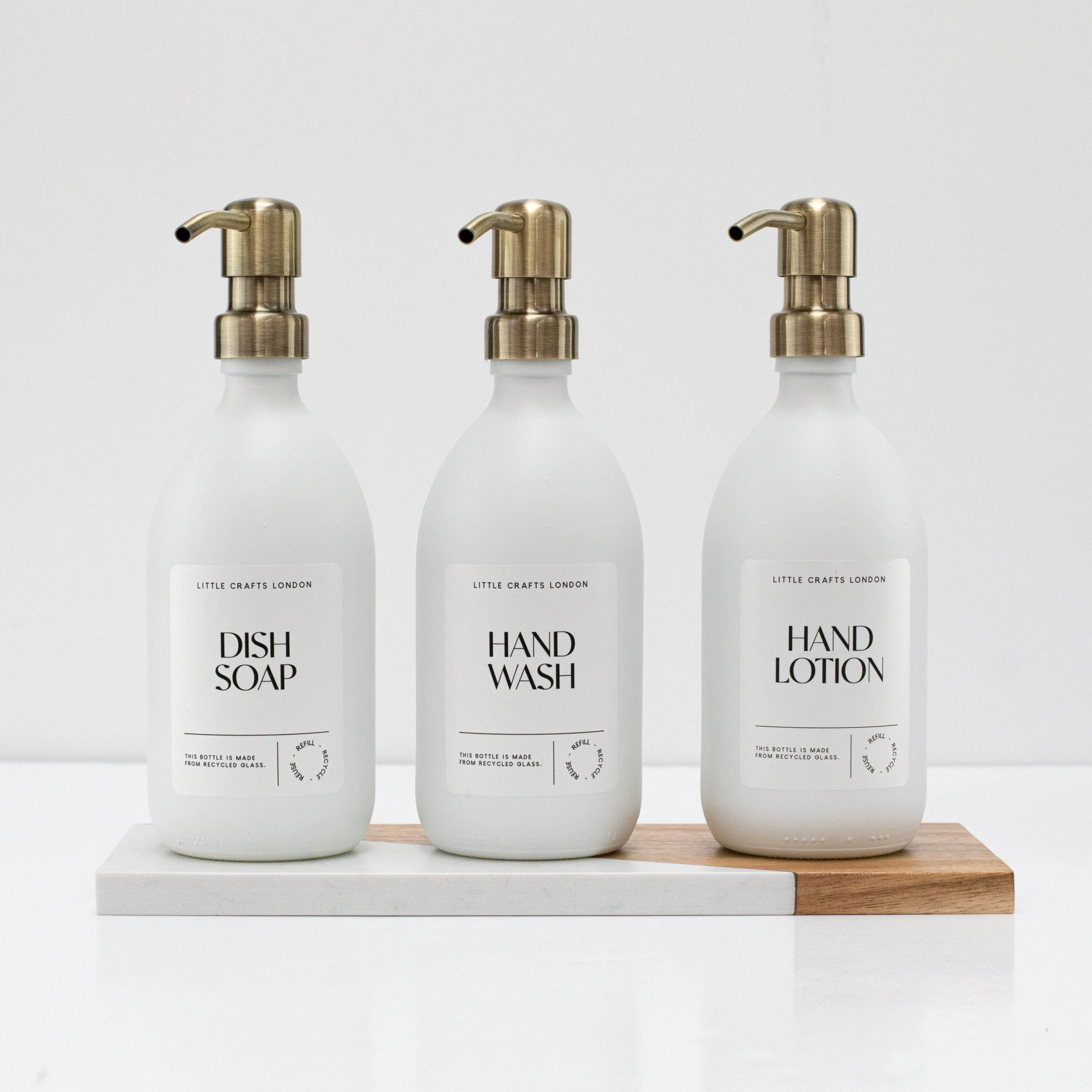 Set of 3 Reusable Milky White Glass Bottles 500 ML with Metal Pump and Long Tray - Image 9