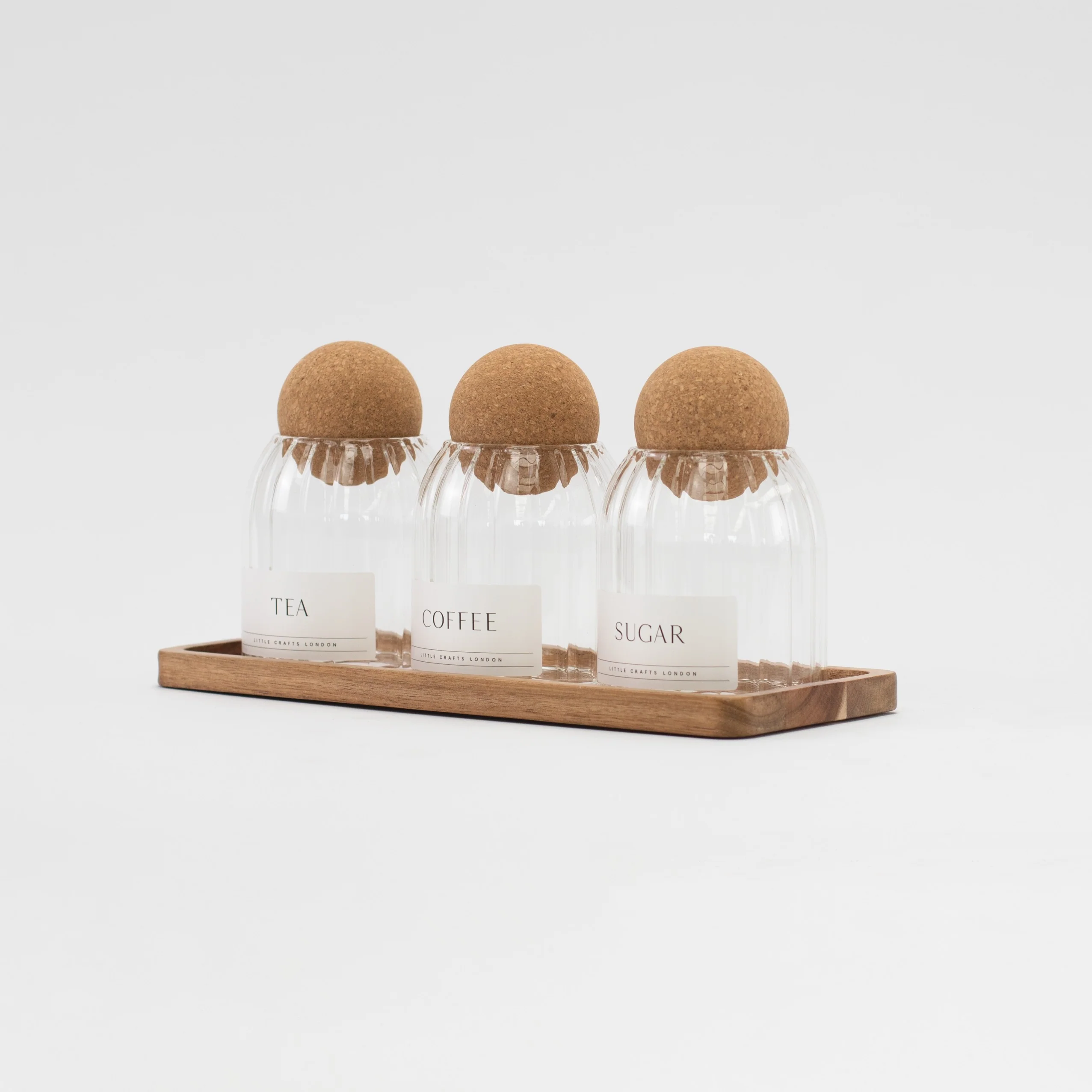 Set of 3 Ribbed Cork Ball Glass Jars - Tea, Coffee and Sugar 500ml with Long Tray - Image 10