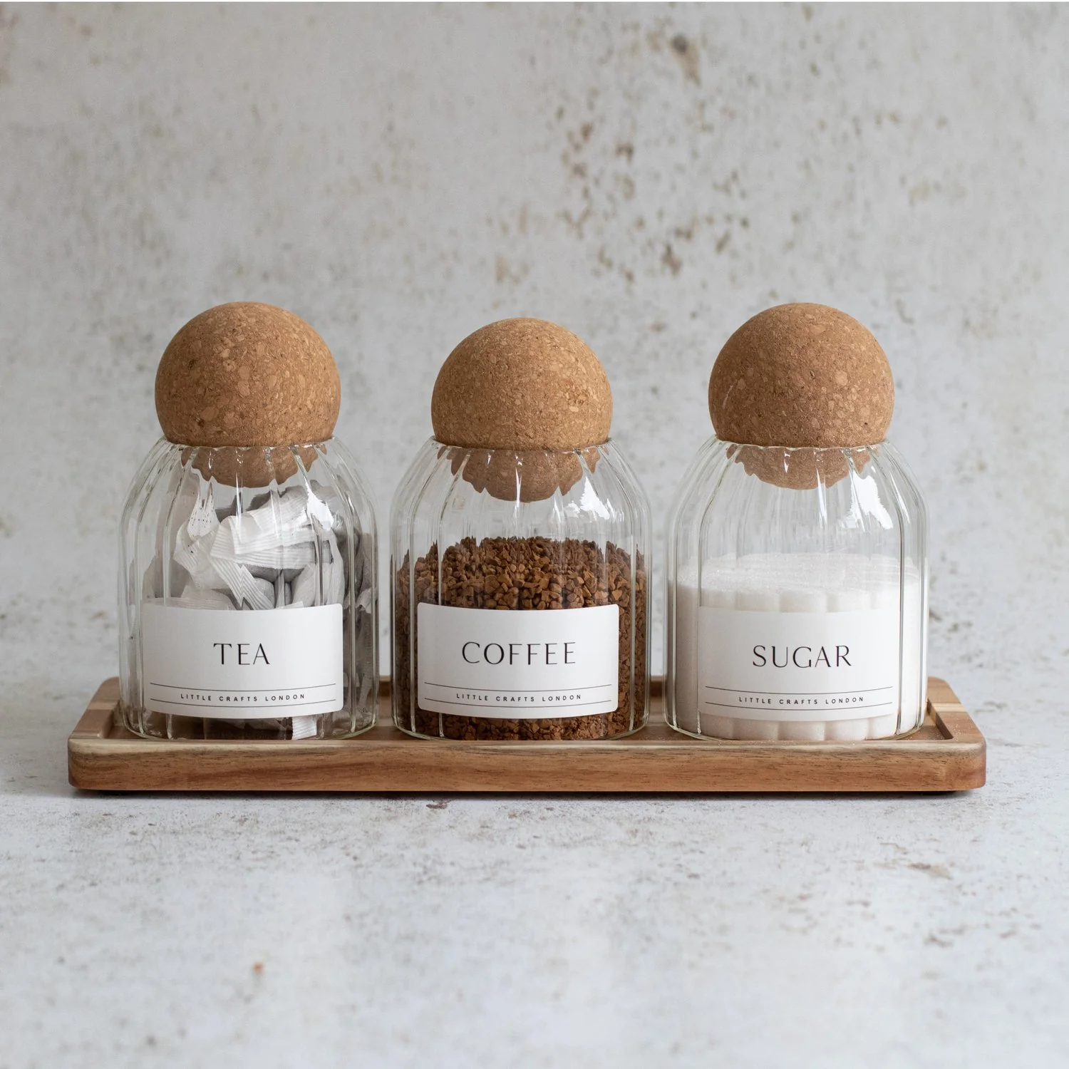 Set of 3 Ribbed Cork Ball Glass Jars - Tea, Coffee and Sugar 500ml with Long Tray - Image 3