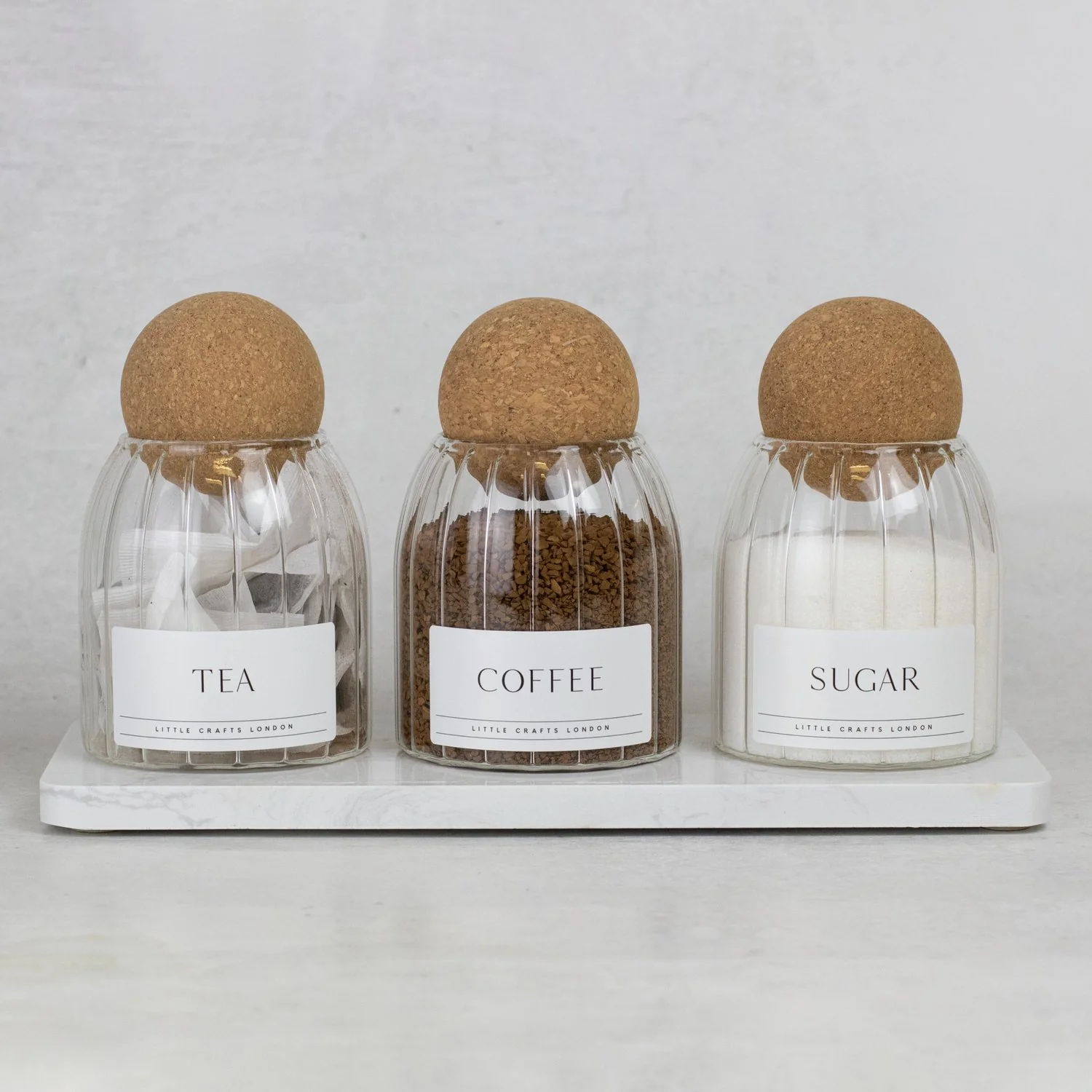 Set of 3 Ribbed Cork Ball Glass Jars - Tea, Coffee and Sugar 500ml with Long Tray - Image 4