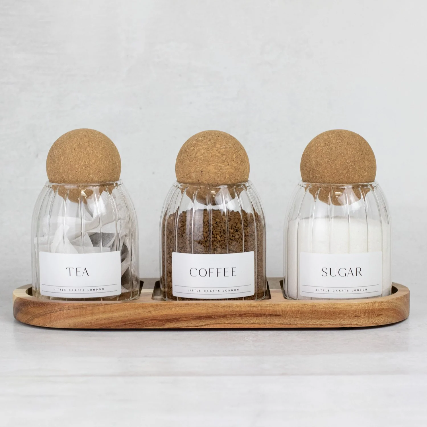 Set of 3 Ribbed Cork Ball Glass Jars - Tea, Coffee and Sugar 500ml with Long Tray - Image 5