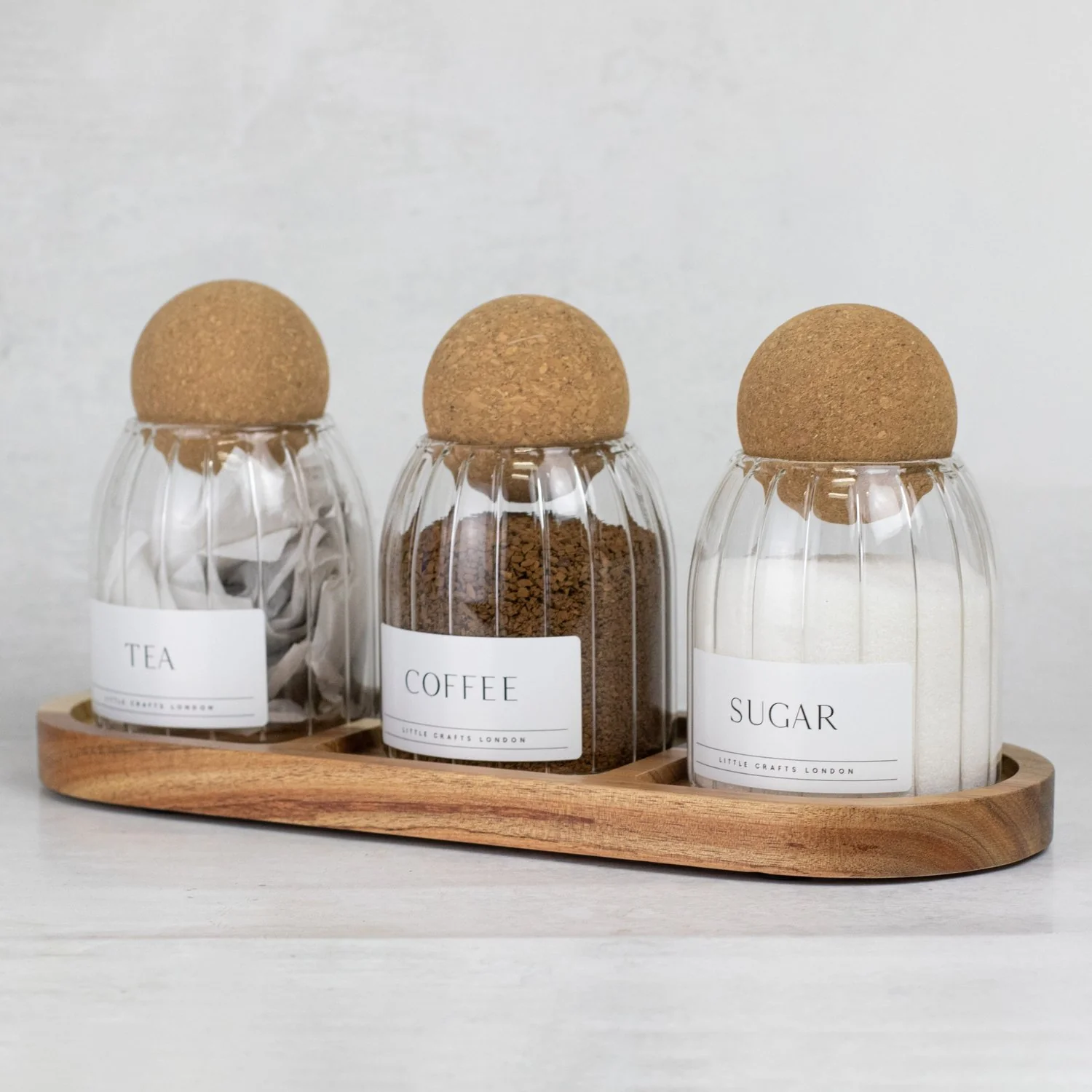 Set of 3 Ribbed Cork Ball Glass Jars - Tea, Coffee and Sugar 500ml with Long Tray - Image 6