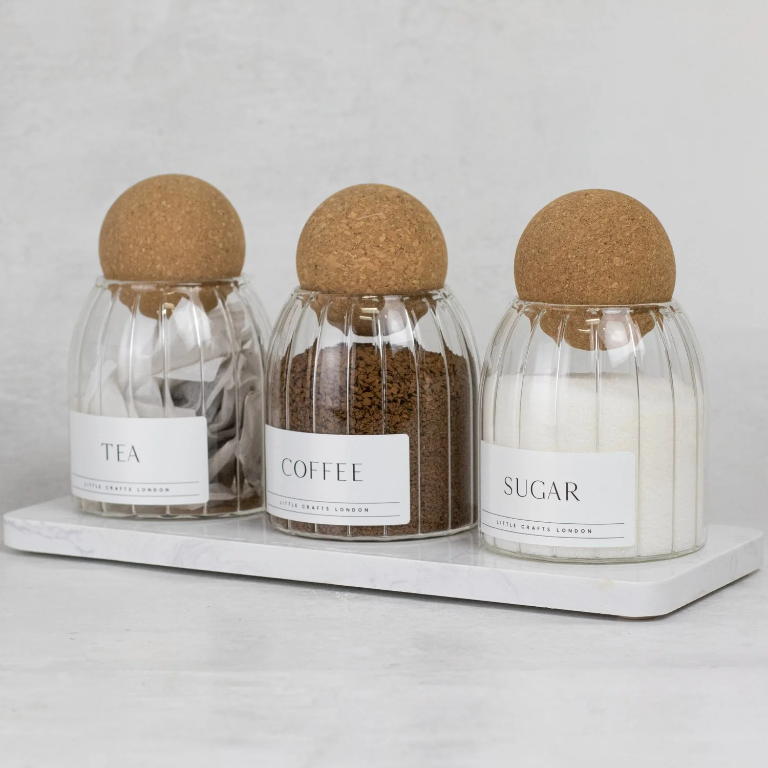 Set of 3 Ribbed Cork Ball Glass Jars - Tea, Coffee and Sugar 500ml with Long Tray - Image 7