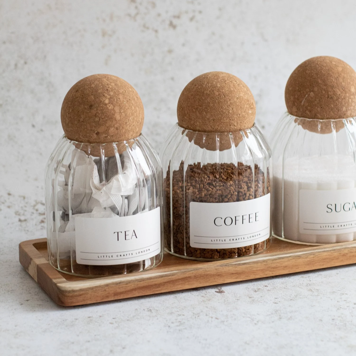 Set of 3 Ribbed Cork Ball Glass Jars - Tea, Coffee and Sugar 500ml with Long Tray - Image 8