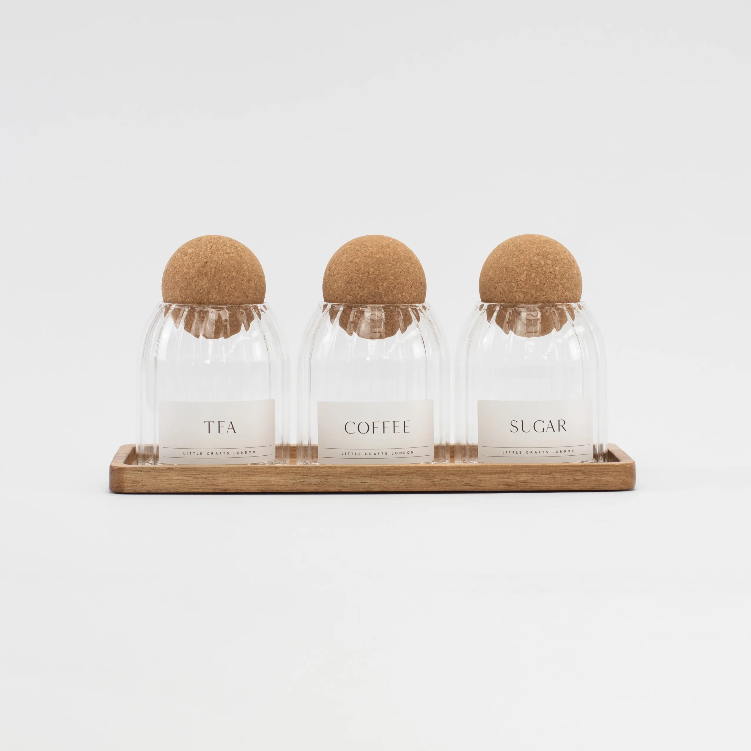 Set of 3 Ribbed Cork Ball Glass Jars - Tea, Coffee and Sugar 500ml with Long Tray - Image 9