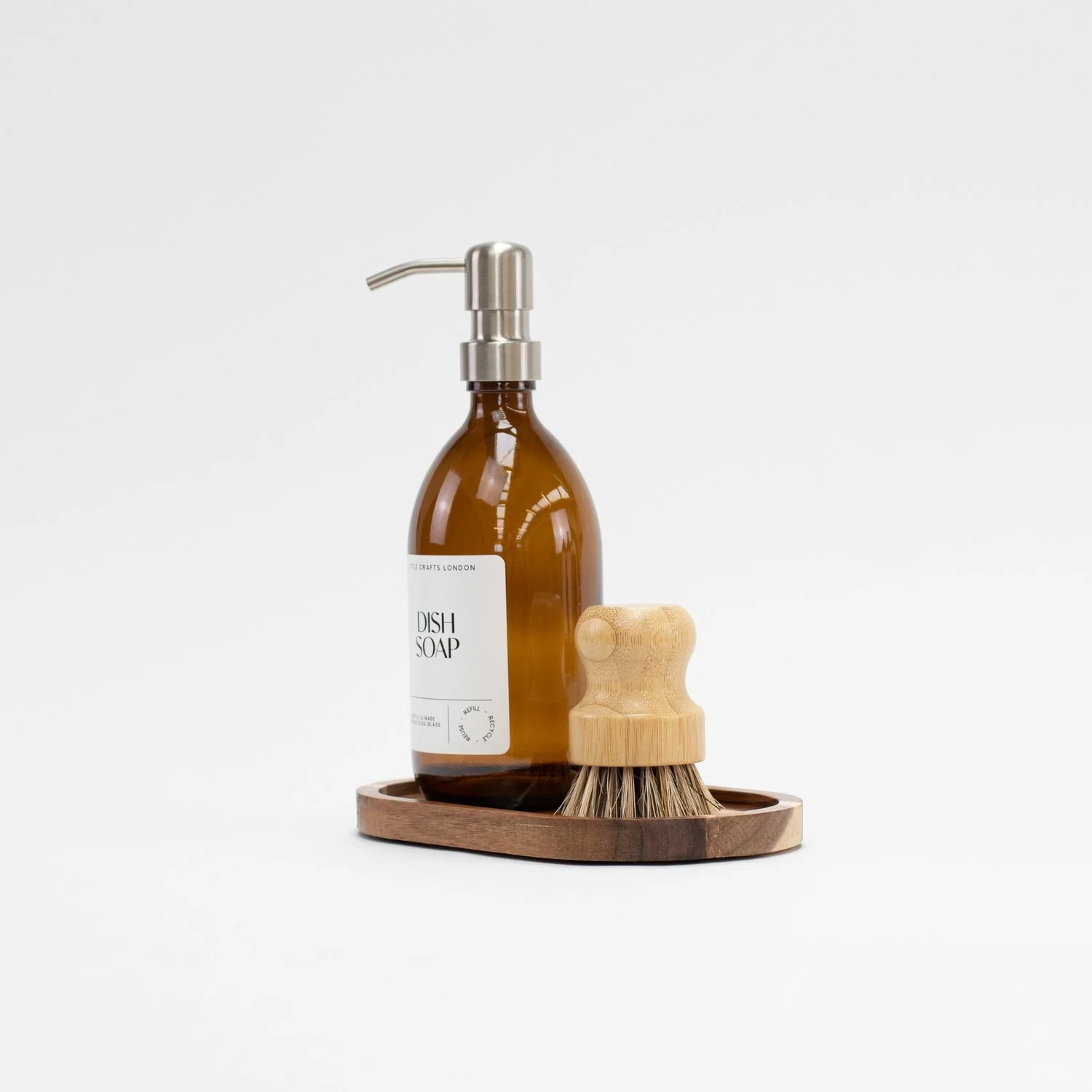 Set of Amber Glass Bottle 500 ML, Oval Acacia Tray & Dish Brush - Image 3